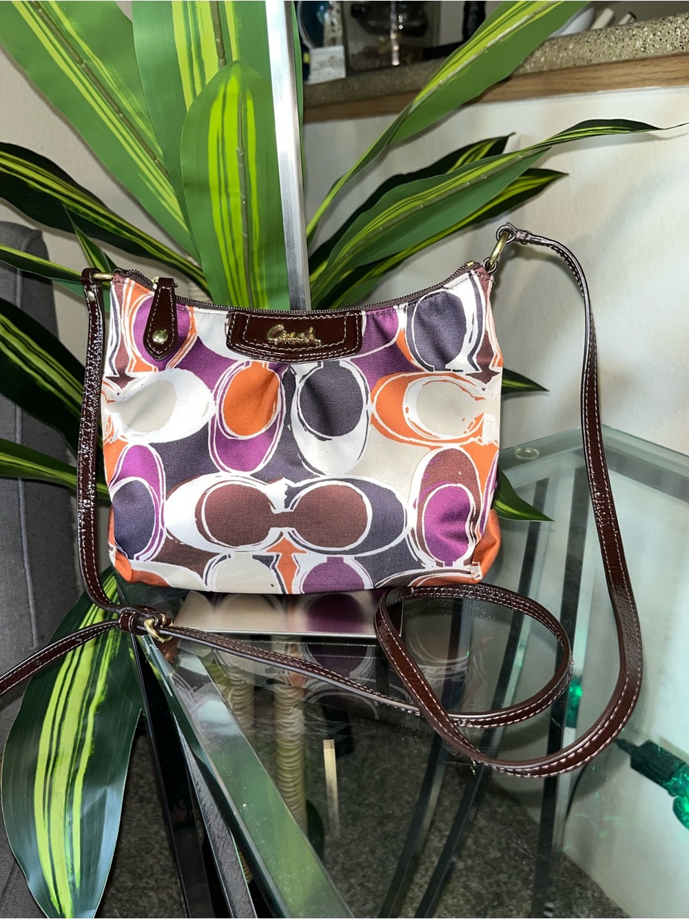 Coach Multicolor Signature Satin Crossbody - Purple, Orange, Brown